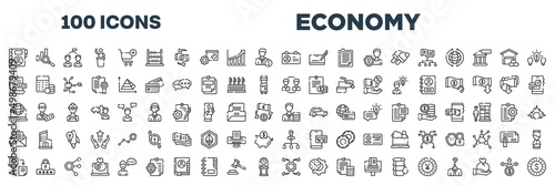 set of 100 outline economy icons. editable thin line icons such as contact book, identification card, bills, peer to peer, intranet, accountant, distributed ledger, possibility stock vector.