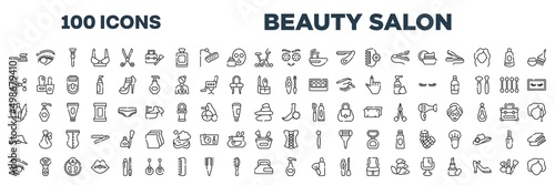 set of 100 outline beauty salon icons. editable thin line icons such as tooth brush, cucumber slices on face, hair cut, eyes mascara, aloe vera, pedicure, eye make up, body lotion stock vector.