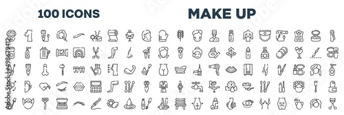 set of 100 outline make up icons. editable thin line icons such as sleeping mask, birch whisk, epilator, shaver, mascara, bathtube, nail color, wooden chair stock vector.
