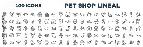 set of 100 outline pet shop lineal icons. editable thin line icons such as water replenisher, owl head, guide dog, capybara head, sea horse, couple of dogs, spray, canned food stock vector.