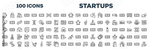 set of 100 outline startups icons. editable thin line icons such as netoworking, inauguration, real state, trojan, good communication, money growth, firewall, electrical appliances stock vector.