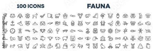 set of 100 outline fauna icons. editable thin line icons such as chewing bone for dog, goat head, butterfly wings, pet cat, stingray with long tail, sitting anteater, bulldog head, horse with leg up