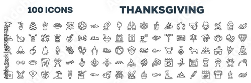 set of 100 outline thanksgiving icons. editable thin line icons such as coconut tree, prayer, napkin, bible, caramel, maharaja, poker, bunny stock vector.