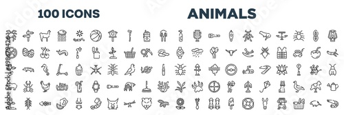 set of 100 outline animals icons. editable thin line icons such as null, oxygen tank, forbidden, wristwatch, beans, antlion, sprout, sunflowers stock vector.