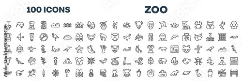 set of 100 outline zoo icons. editable thin line icons such as hookah, sun, food stand, swan, relics, sandals, tortoise, rat stock vector.