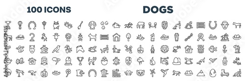 set of 100 outline dogs icons. editable thin line icons such as horses races trophy, race horse with jockey, horse standing, plain tree, horse saddle, null, jockey hat, fangs stock vector.