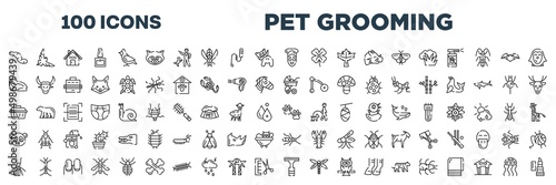 set of 100 outline pet grooming icons. editable thin line icons such as worm, facial treatment, frog, stroller, pet cage, pawprint, termite, null stock vector.