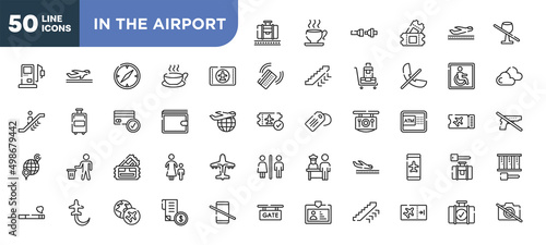 set of 50 outline in the airport icons. editable thin line icons such as baggage claim, airplane flight card, elegant wallet, pair of cinema tickets, planes circling, travelling globe, boarding
