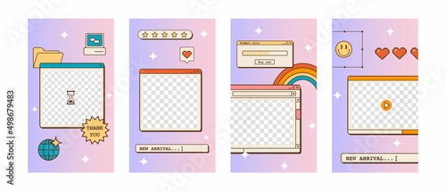 Set of post or stories templates for social media in vaporwave style. Abstract retro 80s 90s aesthetic groovy backgrounds with old computer user interface, nostalgic elements and stickers. Vector.