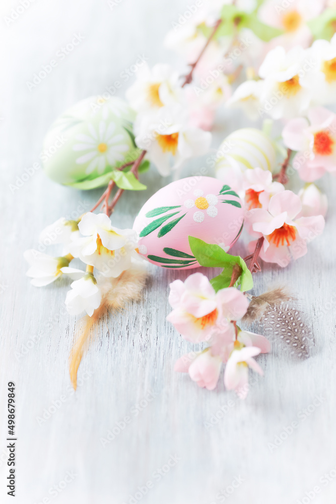 Easter Decoration. Bright wooden background. Close up. Easter Decoration. Bright wooden background. Close up.
