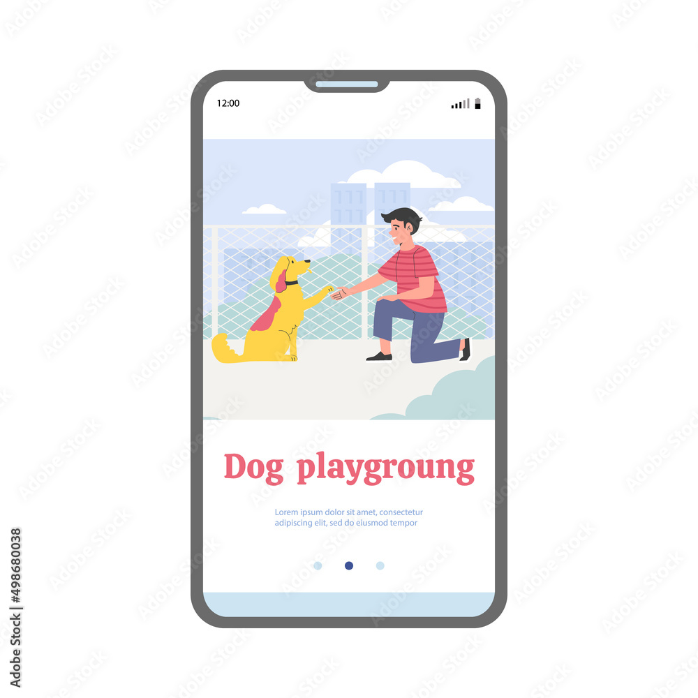 Dog playground mobile page with owner plays with pet, flat vector illustration. Dog playground mobile page with owner plays with pet, flat vector illustration.