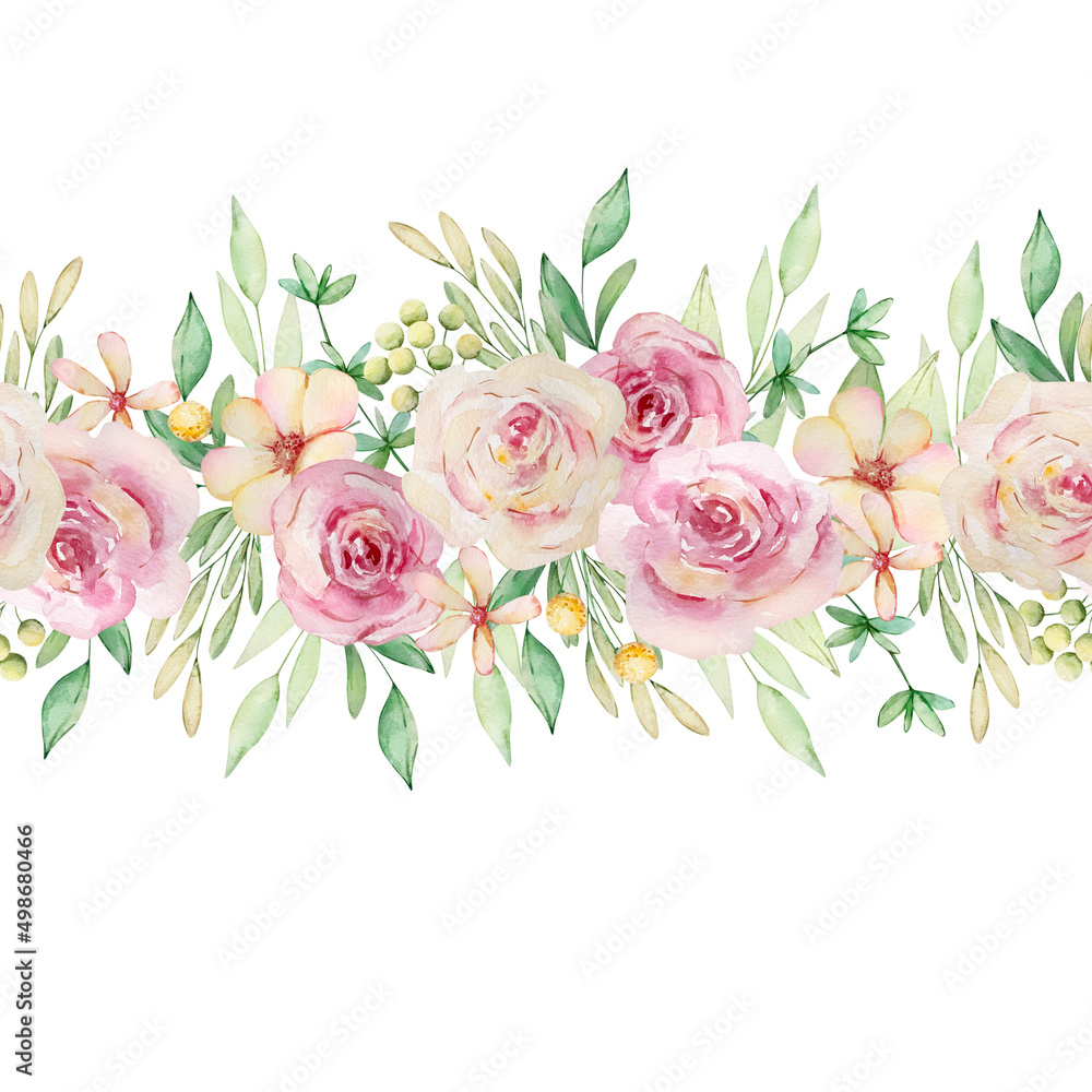 Watercolor illustration seamless border of pink roses.