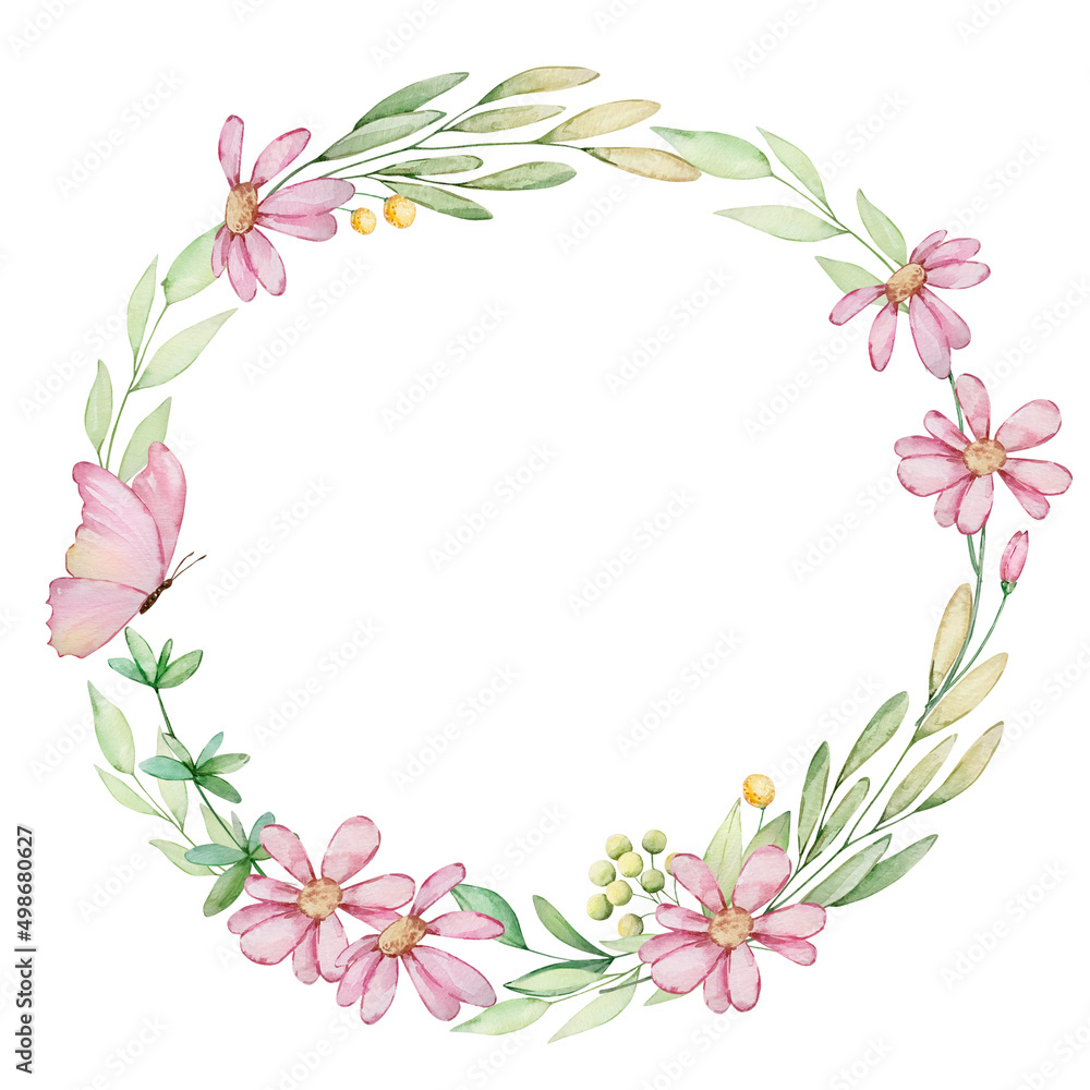 Watercolor delicate floral wreath with flowers