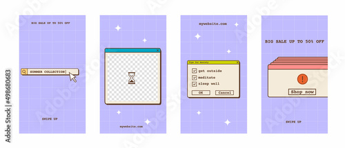Social media ig story templates in old school nostalgic design with computer interface elements. Retro 80s 90s aesthetic backgrounds. Set of vintage vertical banners in vaporwave Y2K style. Vector.