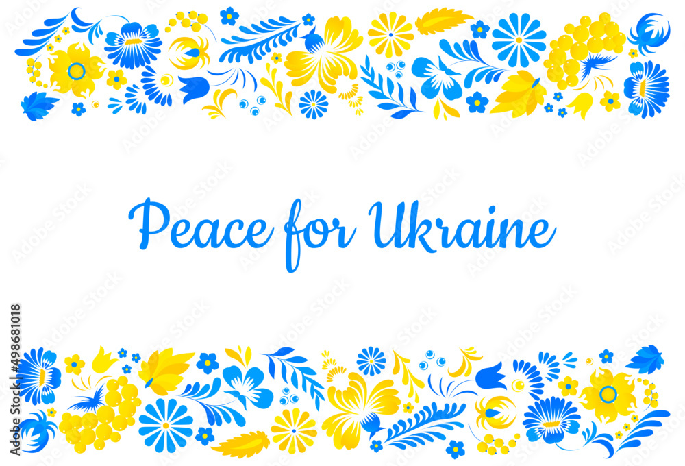 Peace for Ukraine. Bright decorative frame with flowers in Ukrainian