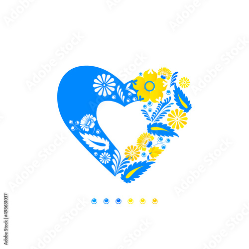 Love Ukraine. Flag of Ukraine in heart shape with ethnic flowers Ukrainian art. Folk art print design
