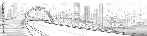 Highway under the bridge. Modern city. Infrastructure illustration  urban scene. Black outlines on white background. Vector design art 