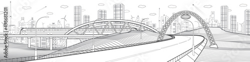 Highway under the bridge. Train rides. Modern city. Infrastructure illustration, urban scene. Black outlines on white background. Vector design art 