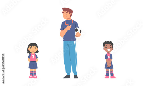Little children soccer players with coach cartoon vector illustration