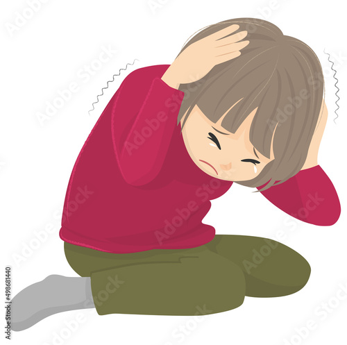 Vector illustration of a girl crouching while holding her head