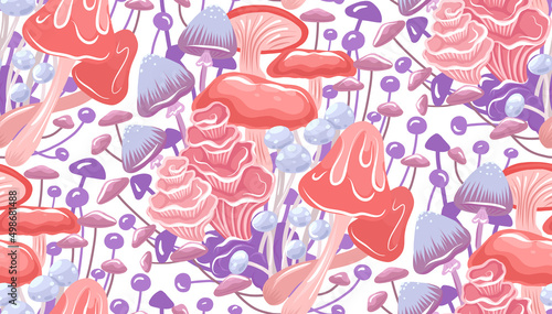 Magic seamless pattern with psychedelic mushrooms. Vector texture with natural neon fungus on a white background