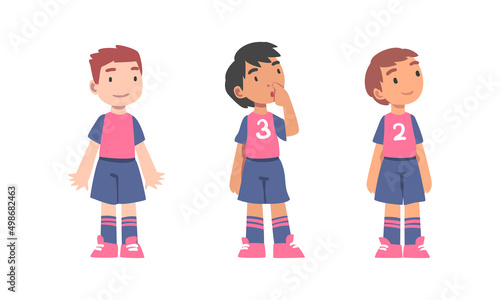 Cute little boys soccer players in sports uniform cartoon vector illustration