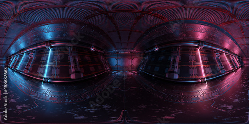 Fototapeta Naklejka Na Ścianę i Meble -  HDRI panoramic view of dark blue pink spaceship interior. High resolution 360 degrees panorama reflection mapping of a futuristic spacecraft 3D rendering