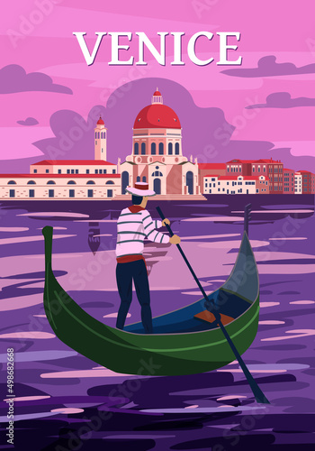 Venice Italia Poster retro style. Grand Canal, gondolier, architecture, vintage card. Vector illustration postcard