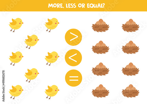 More, less, equal with cute birds and nests.