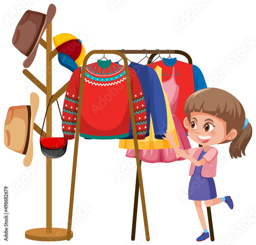 A girl picking the dress from clothes rack