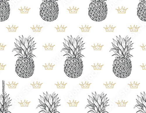 Seamless pineapple pattern, black white vector background. Summer tropical pineapple texture with gold crowns. Hand drawn doodle texture. Simple elegant ananas wallpaper. Trendy modern fruit print