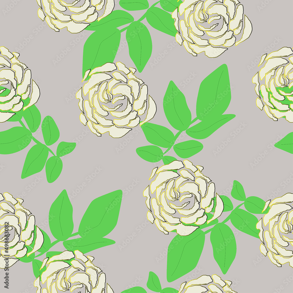 Seamless pattern beige roses, green leaf on gray background
