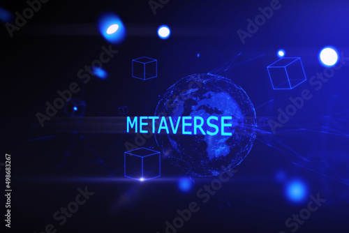 Creative glowing blue globe metaverse background. Augmented reality and future concept. 3D Rendering. © Who is Danny