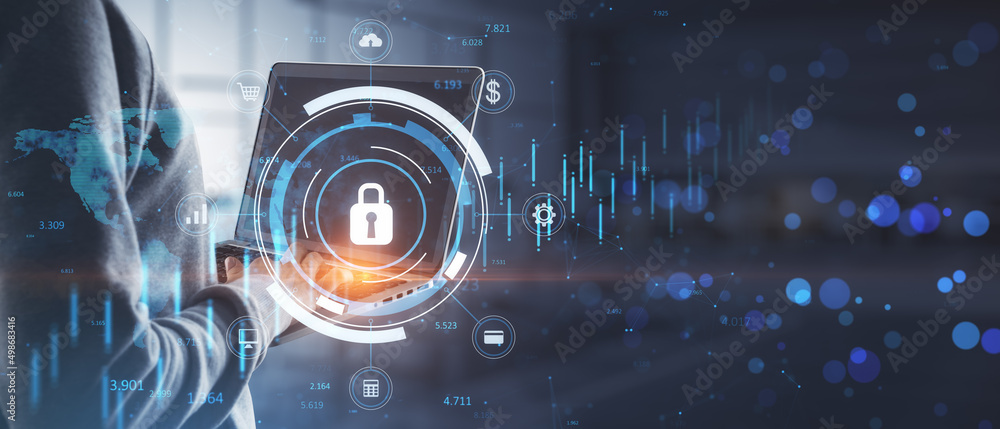 Close up of hacker hand using laptop keyboard with glowing blue padlock hologram, forex chart and map on blurry office interior background. Bokeh mock up place wide backdrop.