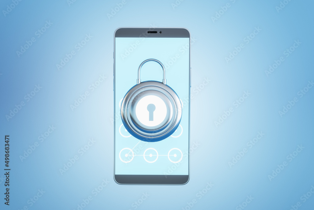Close up of smartphone with creative padlock on screen. Blue backdrop. Secure device concept. 3D Rendering. Close up of smartphone with creative padlock on screen. Blue backdrop. Secure device concept. 3D Rendering.