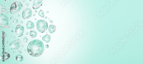 Abstract wide blue light water drops backdrop with mock up place. Advertisement and aqua concept. 3D Rendering.