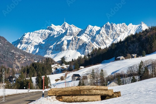 Pass road view to Santis peak mountain Switzerland. spectacular view. winter snow covered mountains photo