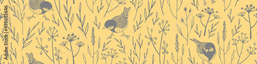 Seamless horizontal border with wild grass and birds. Hand drawn floral pattern. Vector illustration.