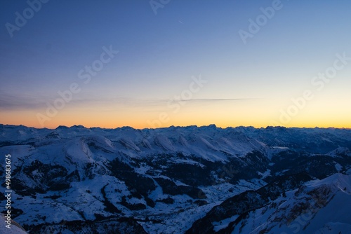 Santis peak mountain Switzerland. spectacular view  sunset. winter snow covered mountains