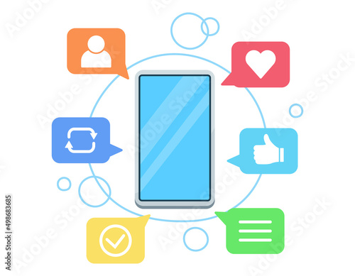 SNSサービスでの様々なリアクションのアイコンとスマートフォンのイラスト. ソーシャルメディアの図.