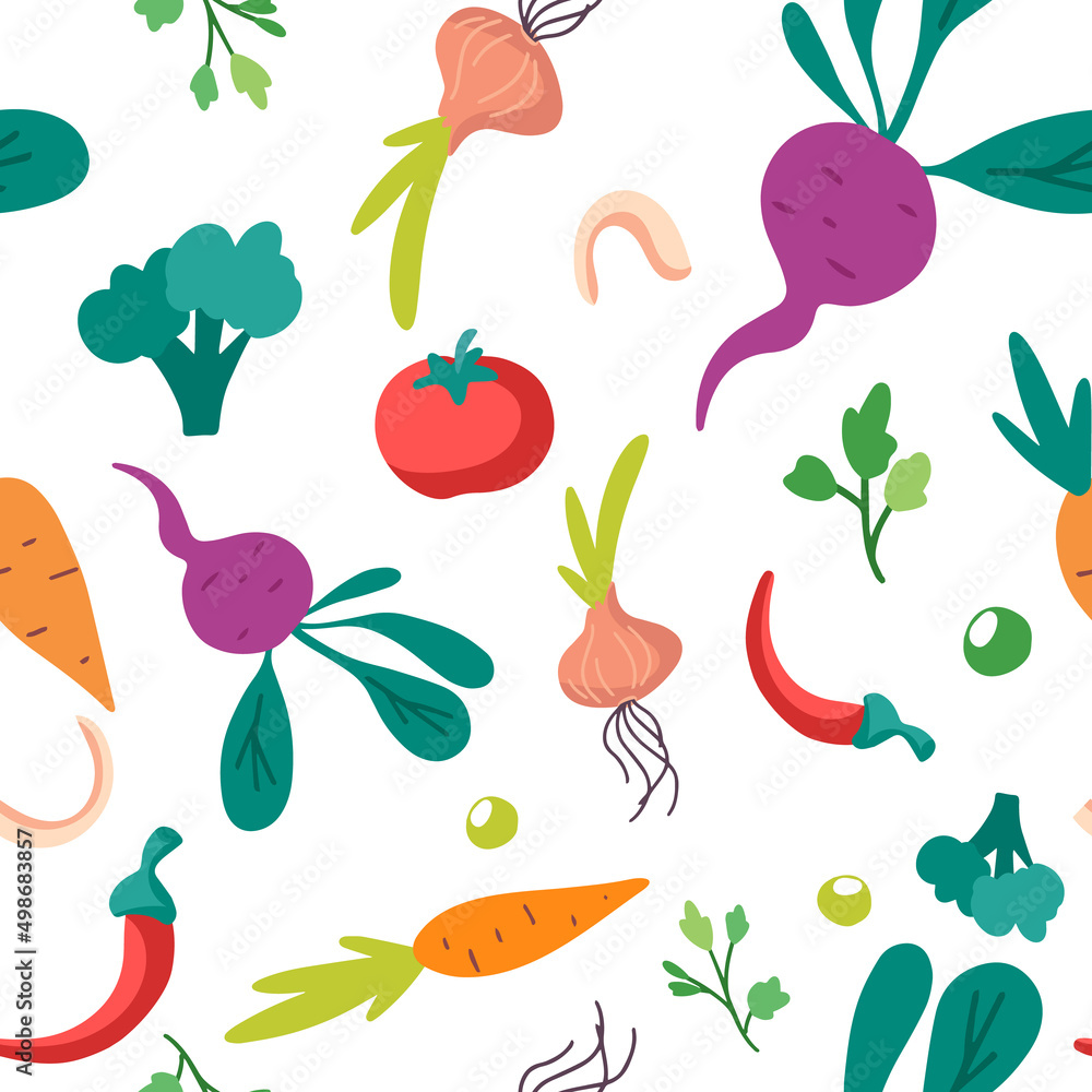 Vector Seamless pattern with vegetables isolated on white background. Hand drawn parsley, peas, carrot, potatoes, cabbage, onion. Healthy vegan food concept design. Vector Seamless pattern with vegetables isolated on white background. Hand drawn parsley, peas, carrot, potatoes, cabbage, onion. Healthy vegan food concept design.