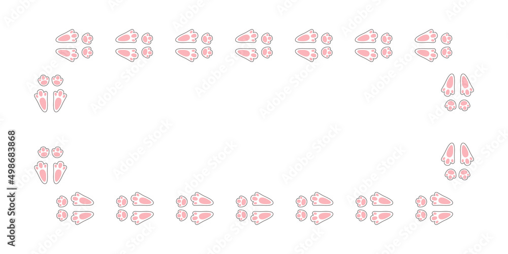 Rabbit or hare footprint trail. Easter bunny foot prints. Rabbit paw steps. Hare steps track on snow. Blank rectangle frame template. Vector illustration isolated on white background in flat style. Rabbit or hare footprint trail. Easter bunny foot prints. Rabbit paw steps. Hare steps track on snow. Blank rectangle frame template. Vector illustration isolated on white background in flat style.