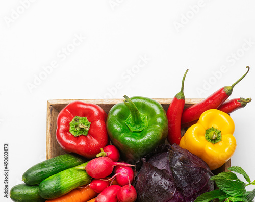 organic food background Vegetables in the basket, Fresh vegetable basket on a white background 
