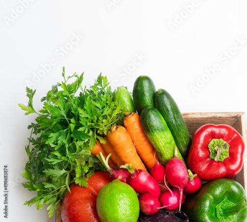 organic food background Vegetables in the basket, Fresh vegetable basket on a white background 