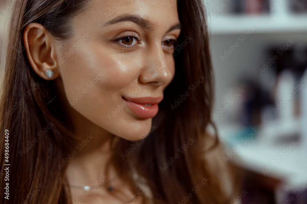 Close up portrait of salon female customer looking lovely after doing hairstyle. Care, hair concept Close up portrait of salon female customer looking lovely after doing hairstyle. Care, hair concept