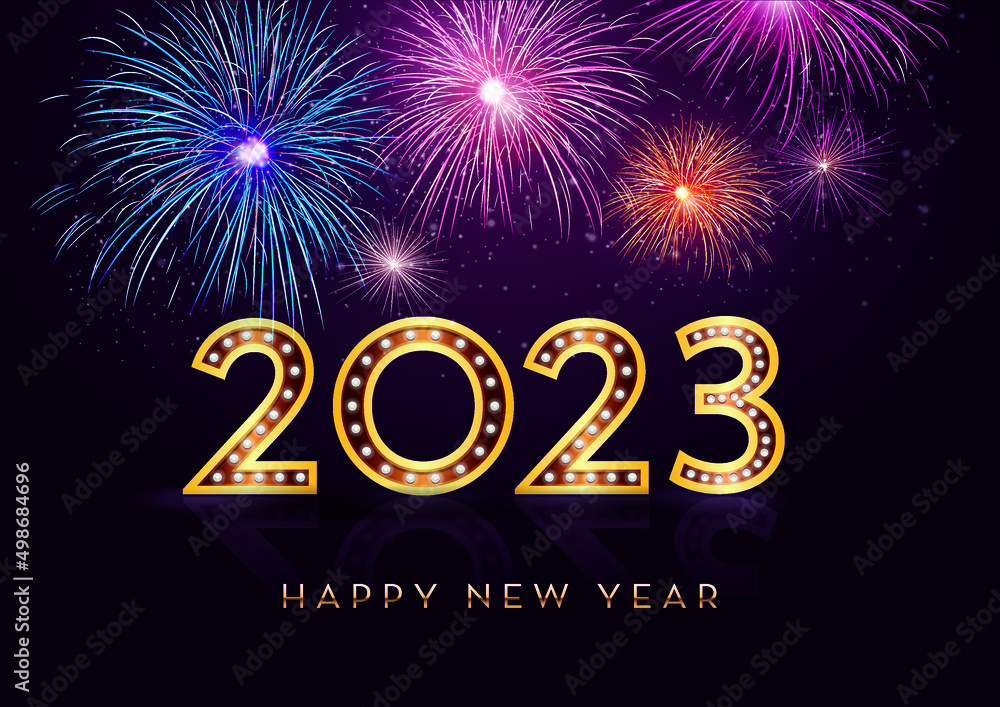 Colorful fireworks 2023 New Year vector illustration, bright on dark purple background, text Happy New Year. Flat style abstract, geometric design. Concept for holiday decor, card, poster, banner
