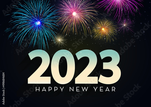 Colorful fireworks 2023 New Year vector illustration, bright on dark blue background, text Happy New Year. Flat style abstract, geometric design. Concept for holiday decor, card, poster, banner, flyer