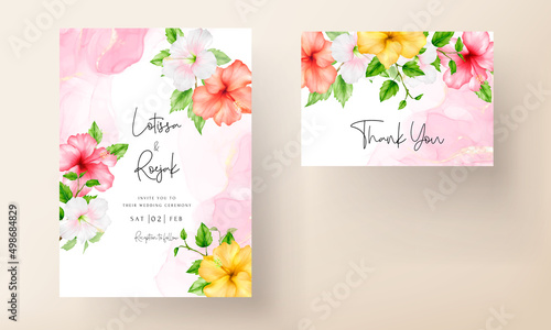 beautiful watercolor hibiscus flower wedding invitation card template