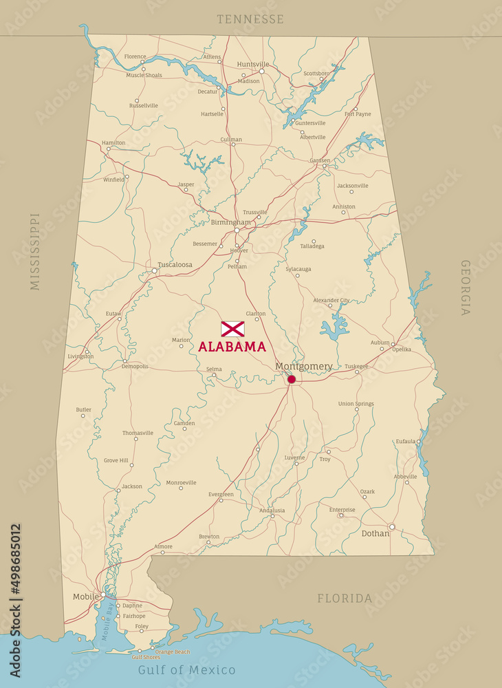 Fototapeta premium Road map of Alabama US American Federal State. Highly detailed transportation map with highway and state roads, rivers and cities for navigation or logistics vector illustration