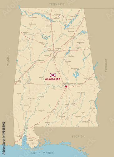 Road map of Alabama US American Federal State. Highly detailed transportation map with highway and state roads, rivers and cities for navigation or logistics vector illustration